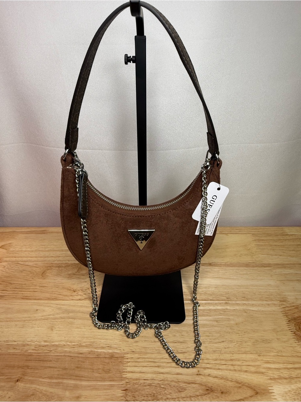 Guess Brown Suede Shoulder Bag with Chain Strap